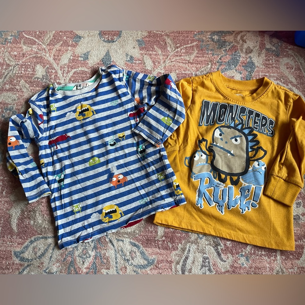 H&M Kids Long Sleeve Tees - Striped Blue and Graphic Yellow